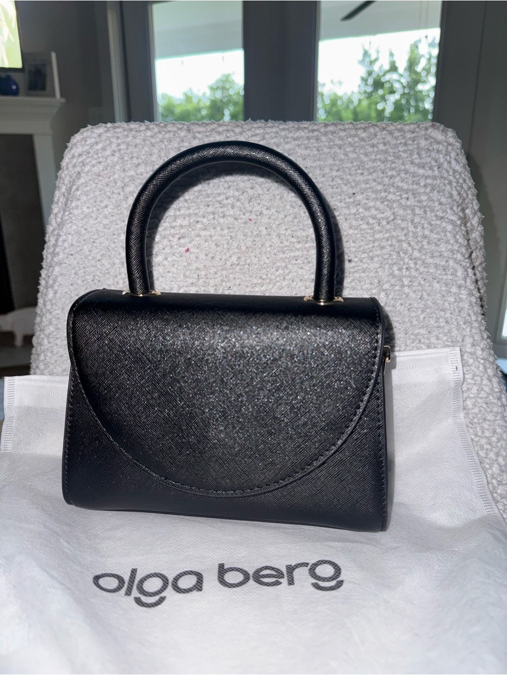 Olga Berg Black Saffiano Top-Handle Mini Bag with shoulder strap and purse bag